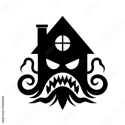 a haunted house or spooky castle fantasized into an octopus monster, complete with evil eyes, sharp teeth, and wrapping tentacles.