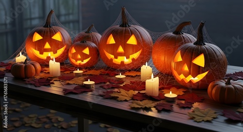 Spooky Halloween Jack-o-Lanterns Glowing on a Table with Candles and Leaves.