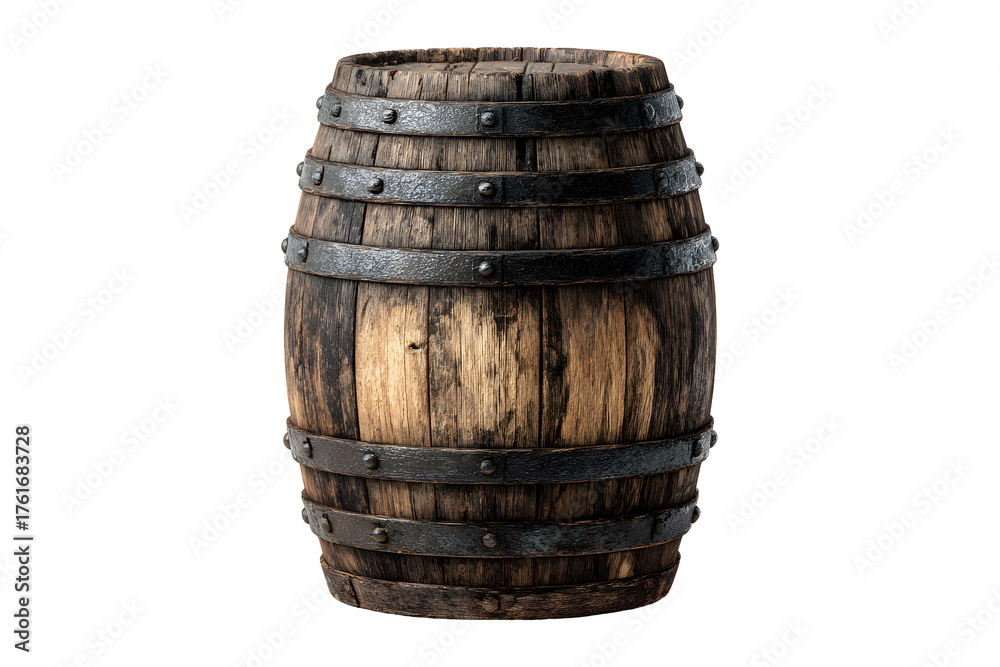 Obraz premium Rustic wooden barrel with iron bands and aged wood texture, isolated on transparent background