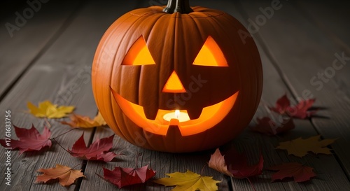 Glowing Jack O Lantern on Wooden Surface with Autumn Leaves.