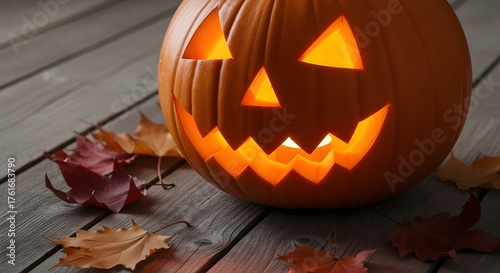 Illuminated Jack-o-Lantern with Autumn Leaves on Wooden Surface.