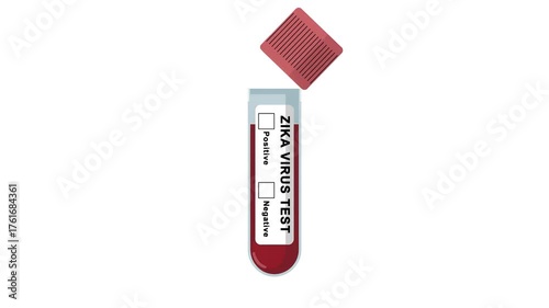 Animated Zika virus test tube showing a positive result with a red check mark. Zika fever diagnosing test and medical laboratory concept