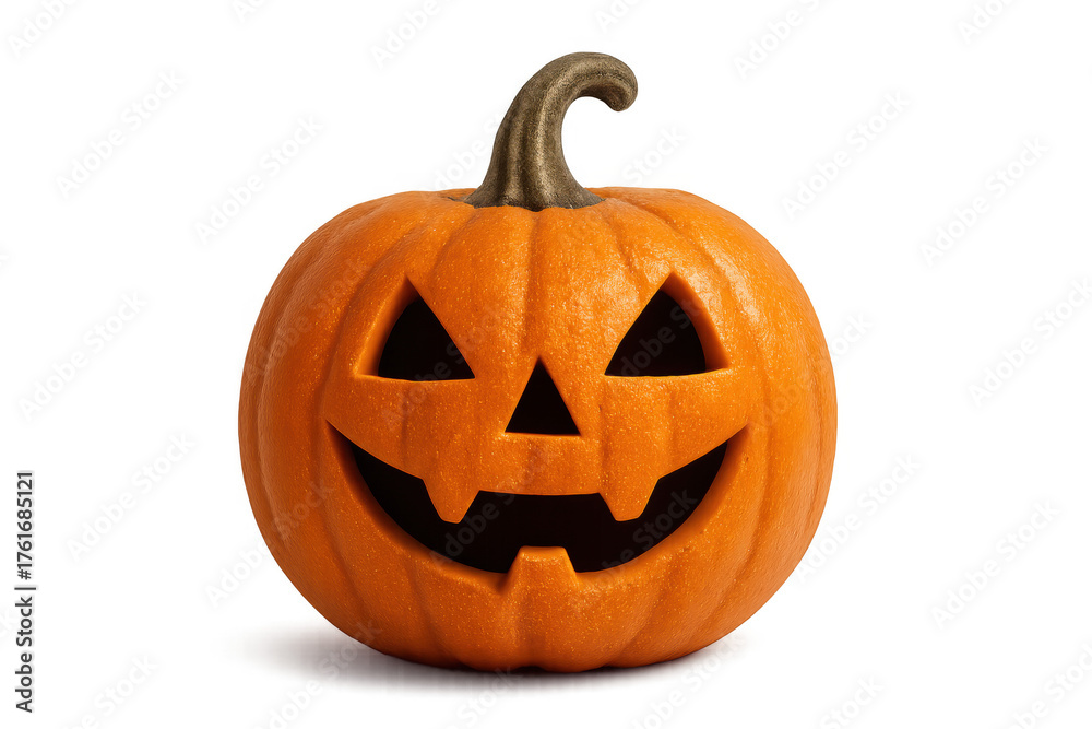 Obraz premium Carved orange pumpkin jack-o'-lantern creating a spooky halloween decoration, smiling face, transparent background