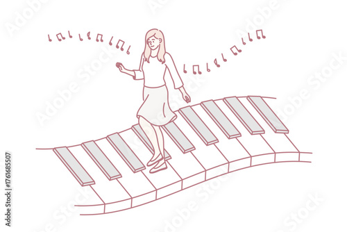 Music and playing piano concept. Young woman cartoon character pianist walking across huge piano keys with melody notes above vector illustration