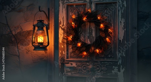 Cozy lantern illuminates a rustic window with a festive wreath.