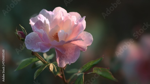 Beautiful pink rose blooming in soft sunlight during spring in a garden