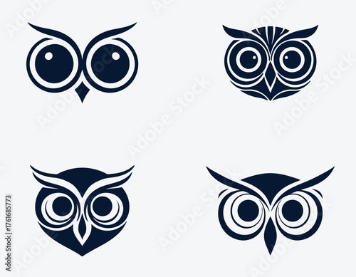 set of minimal owl face logo design with big open eyes