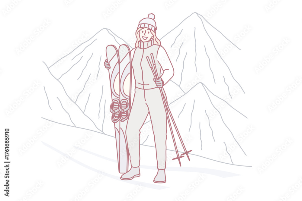 Fototapeta premium Active winter lifestyle and leisure concept. Young smiling woman cartoon character standing holding mountain ski and sticks on mountains in winter vector illustration