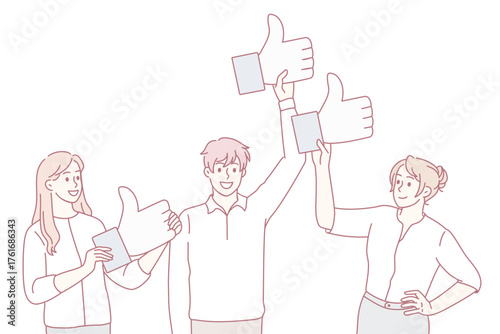 Smiling clients show likes give positive feedback to company. Happy customers recommend good quality product service. Consumerism, survey, marketing concept. Flat vector illustration.