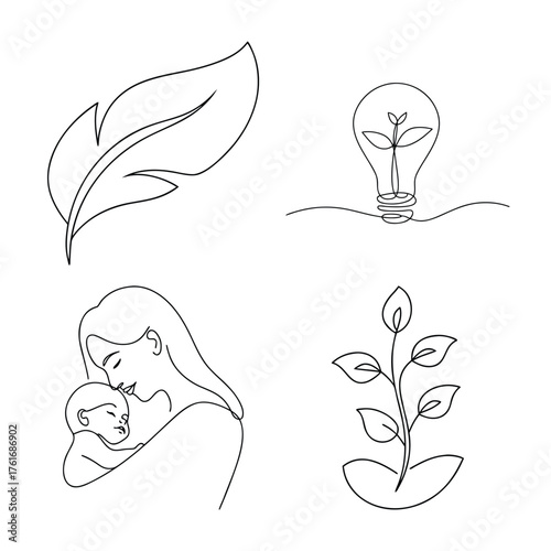 Single line drawings a feather a lightbulb plant a mother holding a baby abstract child