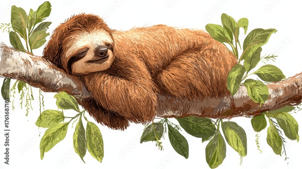 Fototapeta premium Sloth relaxing on a branch surrounded by lush green leaves in a peaceful forest setting