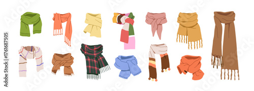 Scarf set. Scarves, winter and autumn clothes wrapped around neck. Warm woolen and cotton kerchief. Cold weather accessory, seasonal garment. Flat vector illustration isolated on white background
