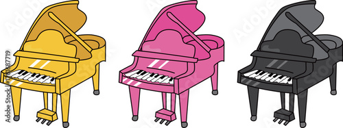 Colorful Grand Pianos Trio (Yellow, Pink & Black) – Transparent Background | Vector EPS