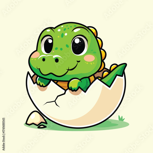 Illustration of a cute baby crocodile inside a cracked egg isolated on a beige background