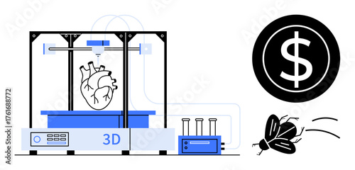 3D printer creating a human heart. Symbols of finance and obstacles with icons for money and a fly. Ideal for technology, medicine, innovation, cost, challenge, healthcare research. Simple flat