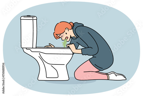 Woman vomits into toilet due to food poisoning or alcohol intoxication caused by consumption of high-quality products. Symptom of cardiac stroke in girl who vomits and feels sick for no reason