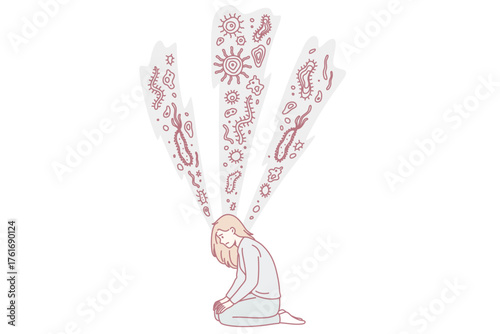 Research of bacterias and microorganisms concept. Young woman sitting on knees looking down searching for bacterias microorganisms vector illustration