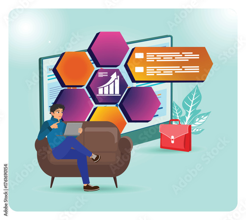 Business Incubator. Man Learns Business with Laptop, Hex Data Visual, and Office Iconography.