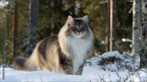 Norwegian forest cat exploring a snowy forest on a bright winter day, surrounded by tall trees and soft white snow