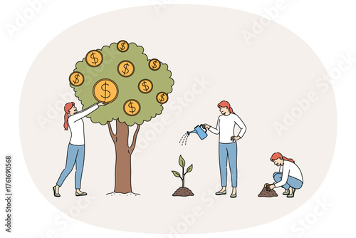 Financial progress is demonstrated by woman planting coin in ground and seeing tree grow. Financial progress and economic evolution through investment or use of bank deposits with high interest rates