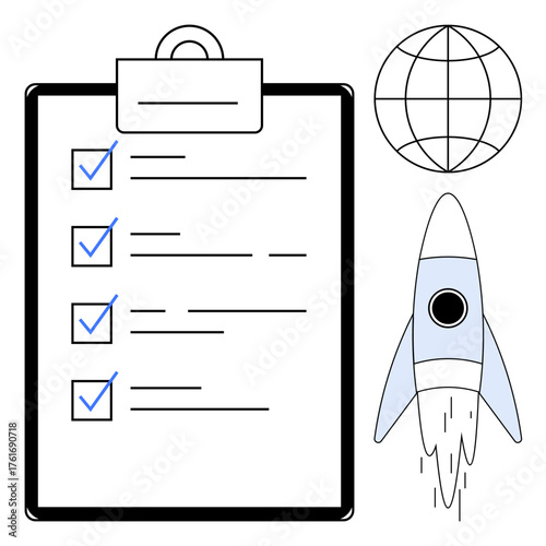 Active checklist, globe symbolizing global reach, rocket launch portraying ambition and growth. Ideal for goal setting, planning, teamwork, innovation, entrepreneurship, progress global vision