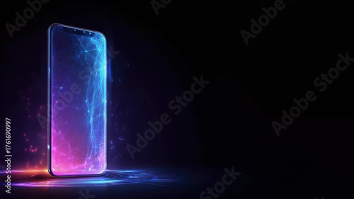 Smartphone on technology background. Neon glowing mobile phone on abstract dark background. Futuristic network connection