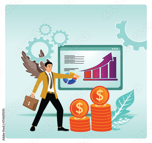 Angel Investor. Winged Analyst Demonstrating Financial Progress  With Graph, Gears, and Coin.