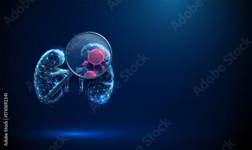 Kidneys under magnifying glass with tumor inside. Renal cancer diagnostics, medical analysis, oncology research, pathology investigation, biomedical study concept.