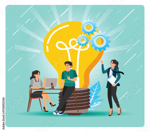 Startup Hub. People Collaborating Around A Large Light Bulb Idea And Gears.