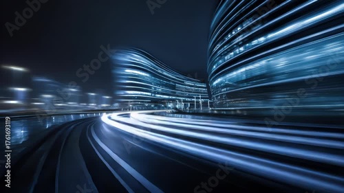 Light trails on the modern building background. Light trails at night in urban environment, Abstract Motion Blur City, traffic, transportation, street, road, speed