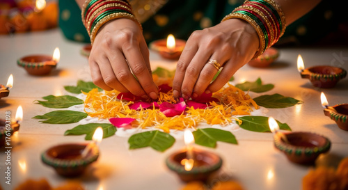Woman arranging flower petals for a rangoli design, surrounded by lit clay oil lamps. Diwali festival celebration and Indian tradition concept.