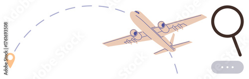 Airplane soaring on curved flight path toward pin marker. Magnifying glass and dots suggest travel planning, exploration. Ideal for travel, logistics, exploration, tourism, navigation, search