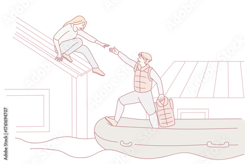 Rescuer on boat help people from flooded house during natural disaster in city. Professional helper give hand to stressed woman during deluge cataclysm. Waterflooding. Flat vector illustration.
