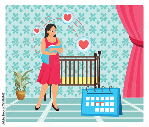 Maternity Leave. Caring Mom With Baby In  Nursery With Calendar.
