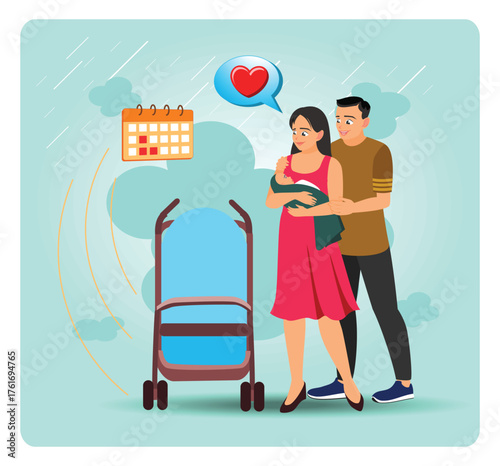 Parental Leave. Beautiful Family Welcoming Baby With Stroller, Calendar.