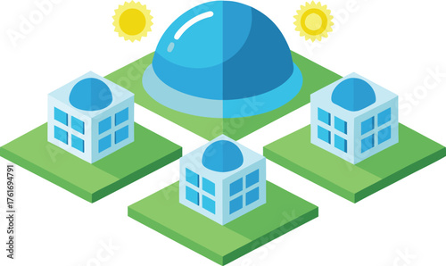 Isometric 3d vector rooftop solar domes for sustainable energy collection