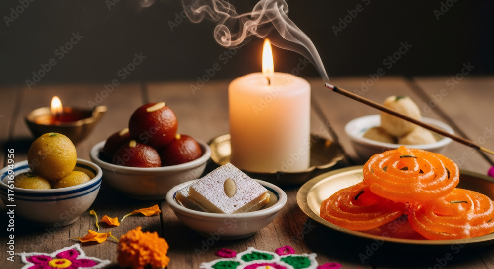 Obraz premium Indian sweets, called mithai, with lit Diwali candle and incense stick. Traditional Hindu celebration food for festival.