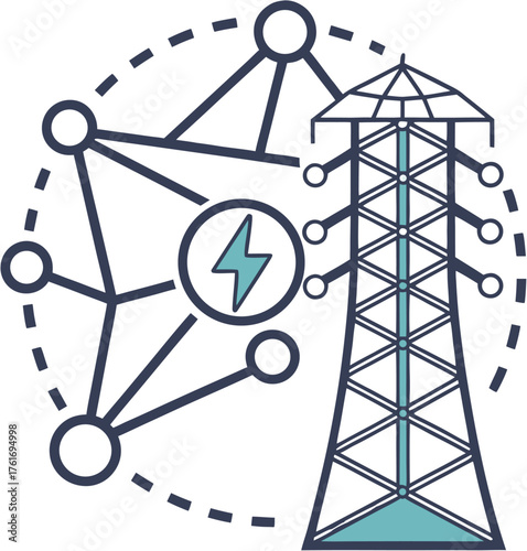 Illustration of a power grid tower next to a stylized network with a lightning bolt in the center, representing electricity and connectivity. The image likely symbolizes smart grids or energy infrast