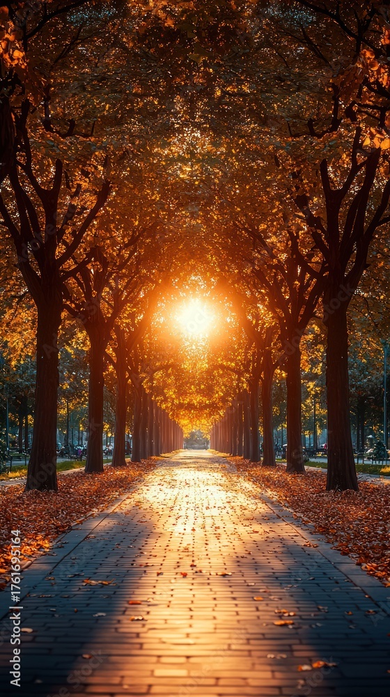 Fototapeta premium Autumnal sunbeam path through a tree-lined avenue