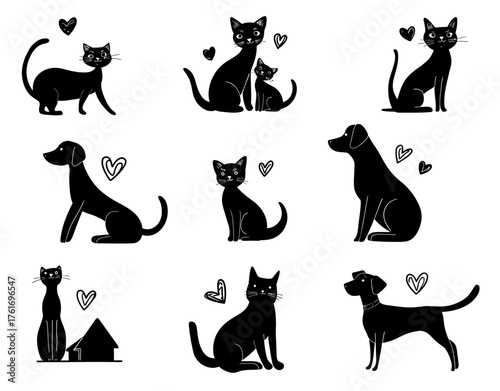 
A set of vector icons featuring black cat and dog silhouettes in various poses, with heart shapes around them, and a home silhouette, all on a white background.