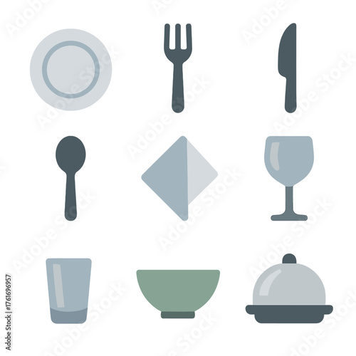 Modern Tableware Icons. Flat icon set of tableware: plate, fork, knife, spoon, napkin, wine glass, shot glass,