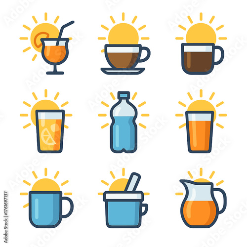 Sun-Themed Drink Icons. Flat icon set of sun and drink: sun cocktail, sun tea cup, sun coffee cup, sun