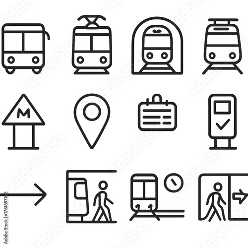 Public Transit Icons. Outline icon set of public transit: bus icon, tram icon, subway icon, train icon, metro