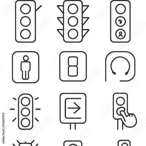 Traffic Signal Icons. Outline icon set of traffic signals: red light, yellow light, green light, walking man,