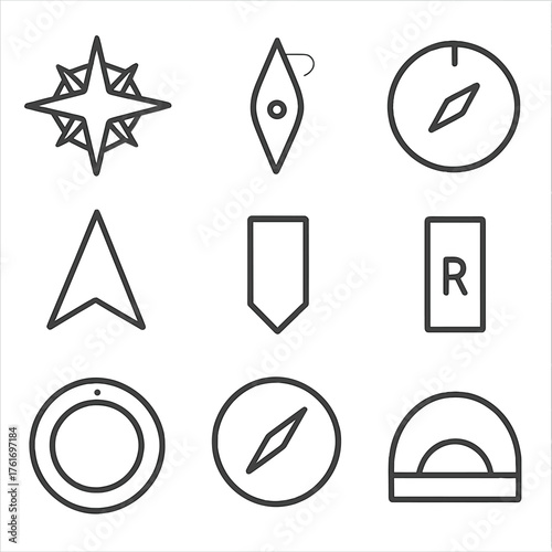 Compass Icons Grid. Outline icon set of compass instruments: compass rose, magnetic needle, graduation circle,