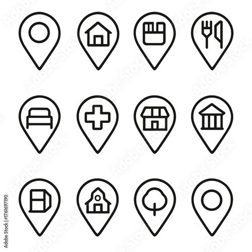 Map Marker Icons. Outline icon set of map markers: map pin, home pin, work pin, restaurant pin, hotel pin,