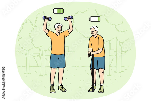 Elderly man plays sports in park and feels presence of energy, standing next to lethargic friend. Comparison of active pensioner doing sports and old human suffering from lack of strength