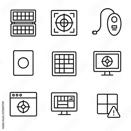 Color Calibration Icons. Outline icon set of lighting equipment: LED panel, tungsten light, HMI light, strobe