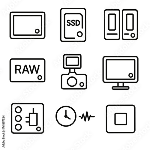 Video Recorder Icons. Outline icon set of video recorders: external recorder, SSD recorder, dual-slot recorder