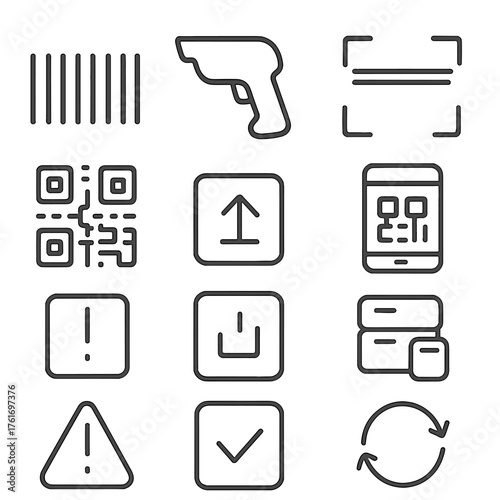 Barcode Scanning Icons. Outline icon set of return labels and documentation: pre-paid label, custom tag,
